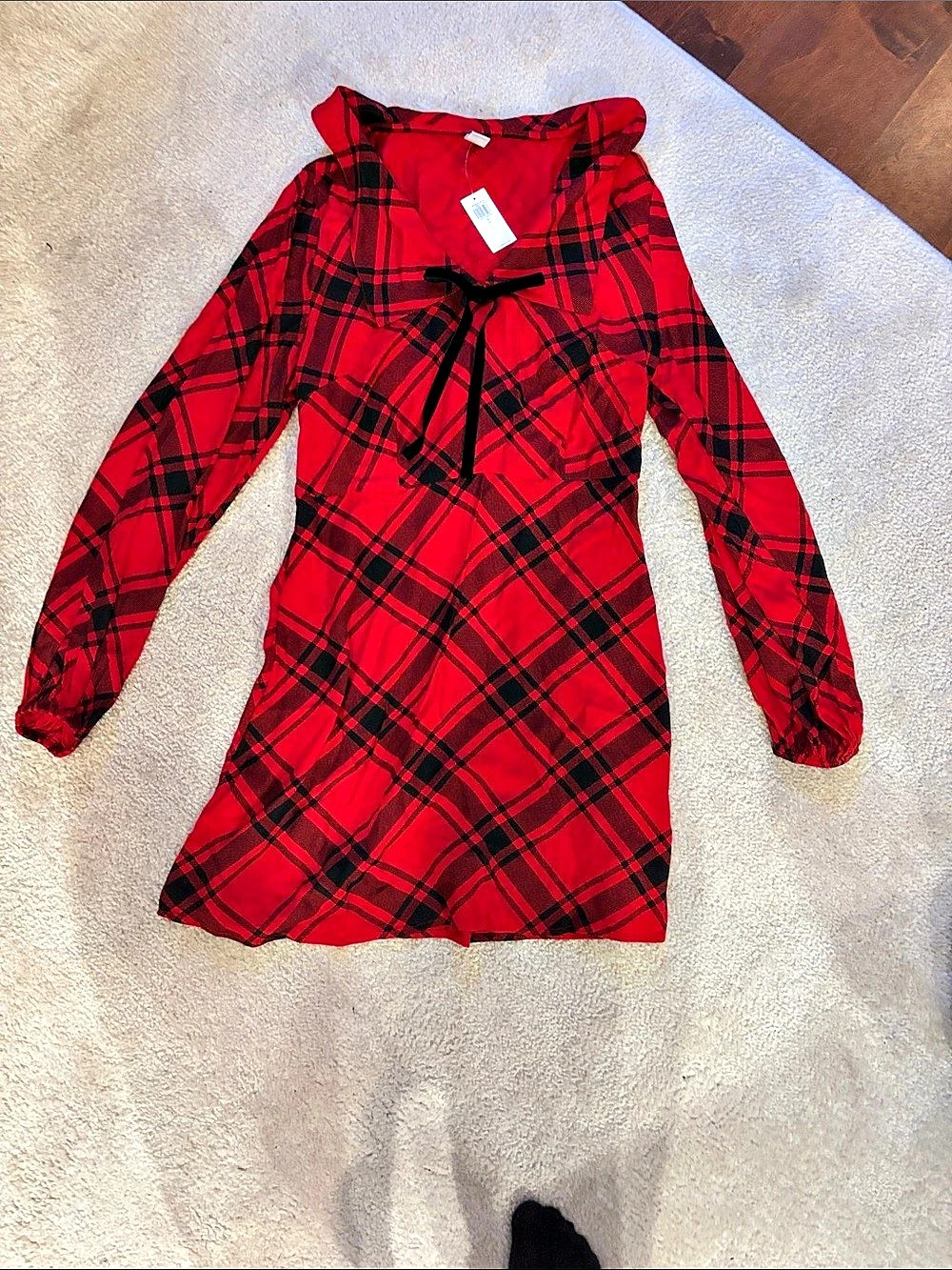 Old Navy Red Plaid Fit & Flare Long-Sleeve Crepe Mini Dress Mini Dress